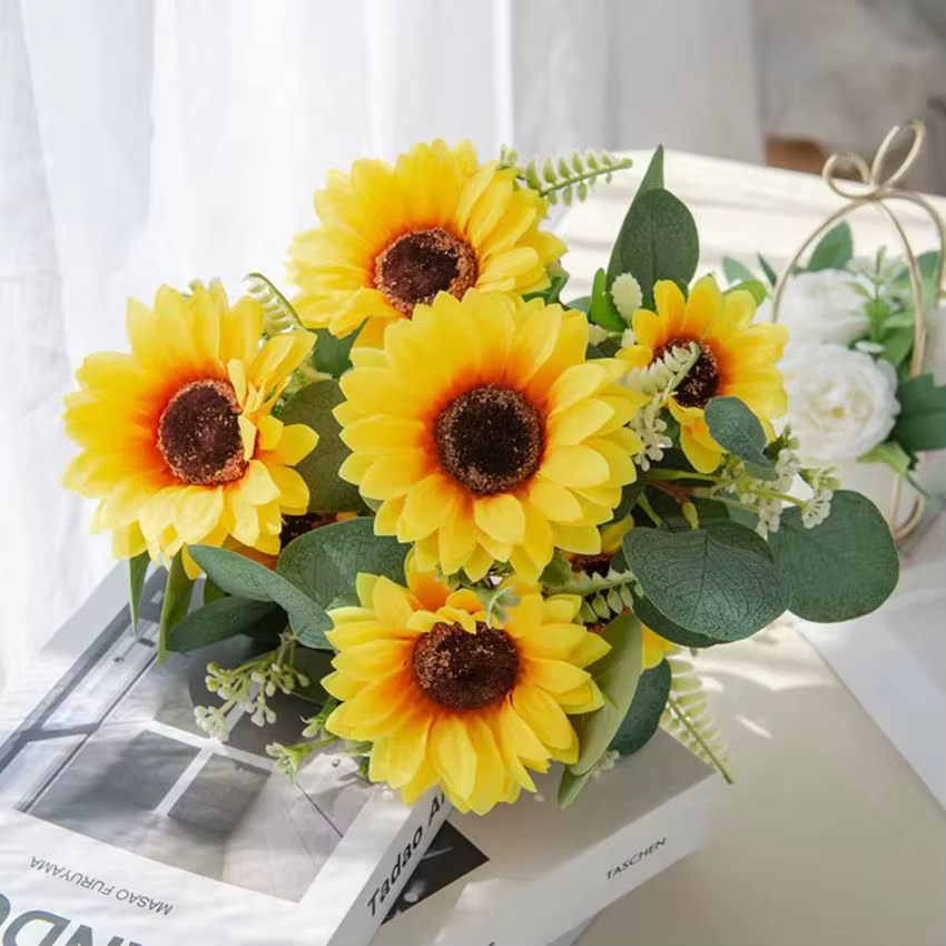 7 Tête Fleurs Artificielles Soie Tournesol Mariage Bouquet De Mariée Festival Décoration Maison En Plein Air Jardin mur