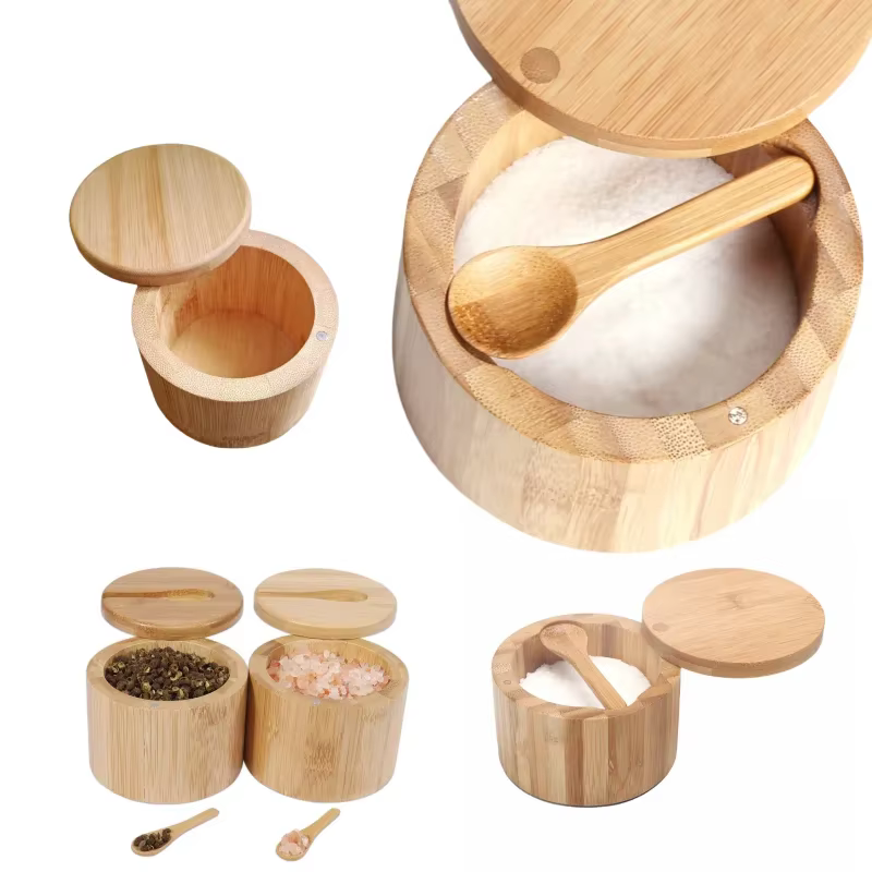 Bocaux d'assaisonnement au sel en bambou, boîte à condiments, ensemble de bols de rangement, récipient à sucre en bois, couvercle multifonctionnel