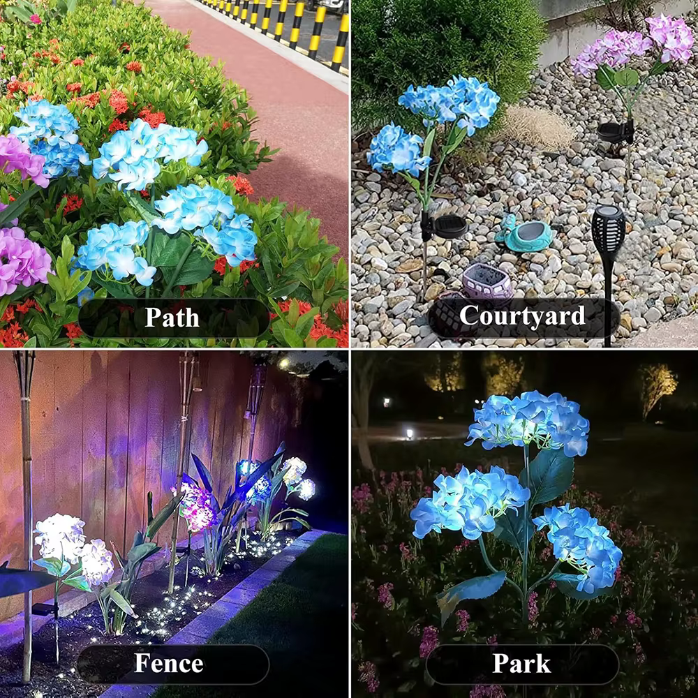3 têtes d'hortensia Rose fleur lumière LED solaire lampes de pelouse de jardin extérieur