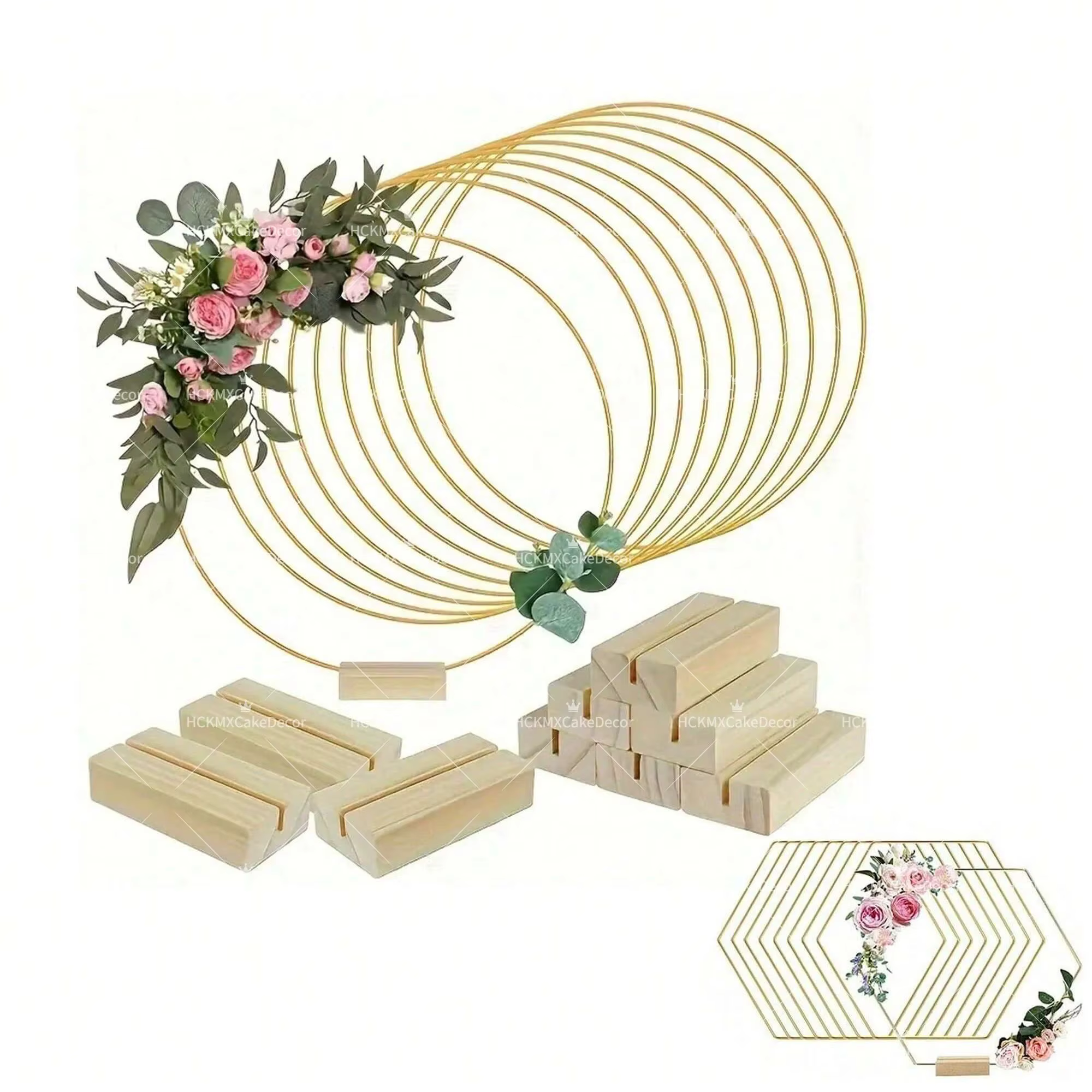 Lot de 5 cerceaux floraux en fil doré avec base en bois pour décoration de centre de table de mariage DIY