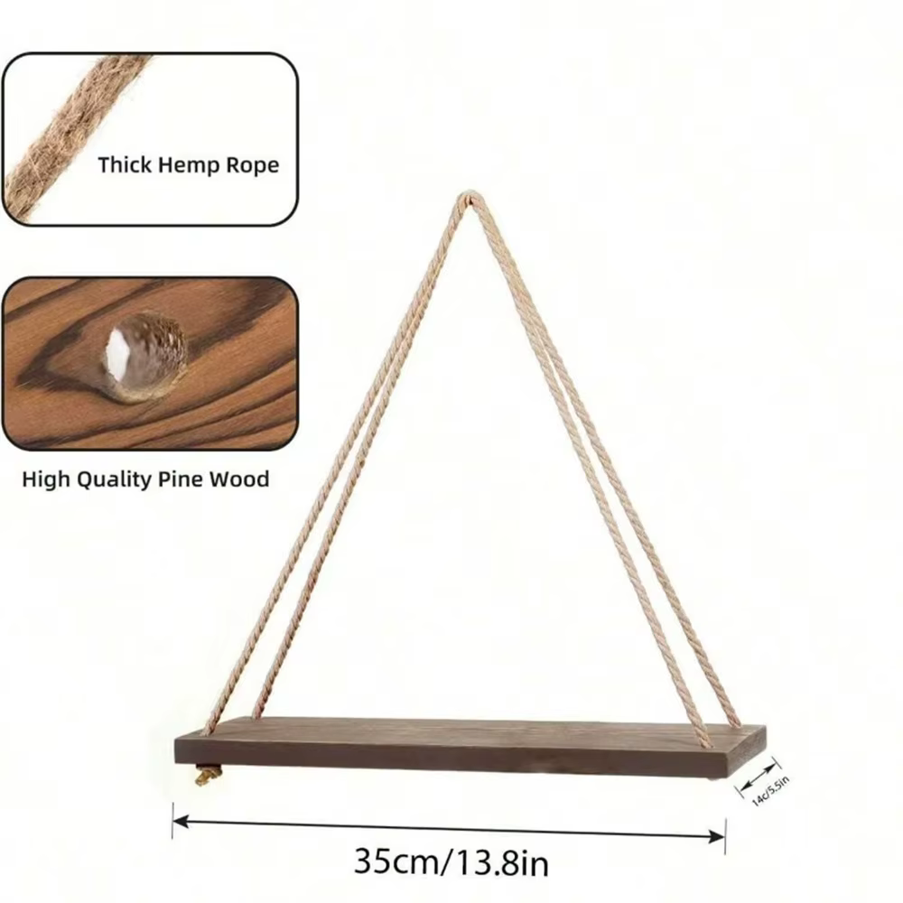 1pc Étagère murale suspendue en bois avec corde de chanvre