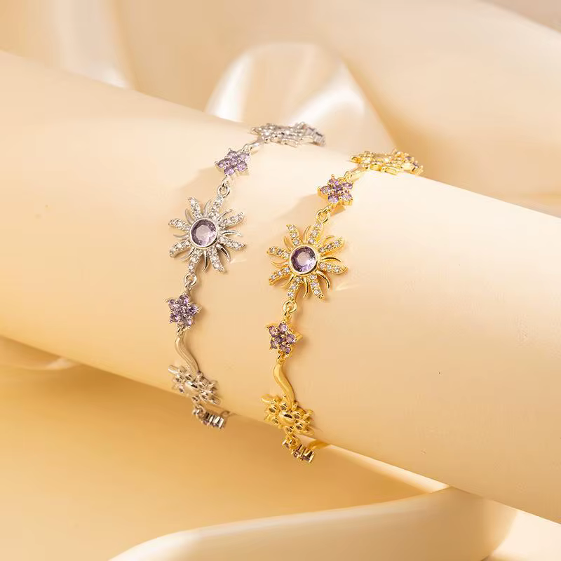 Bracelet de luxe Tournesol, élégant et tendance, avec chaîne en zircon cubique rose, cristal étincelant et strass brillant, pour mariage