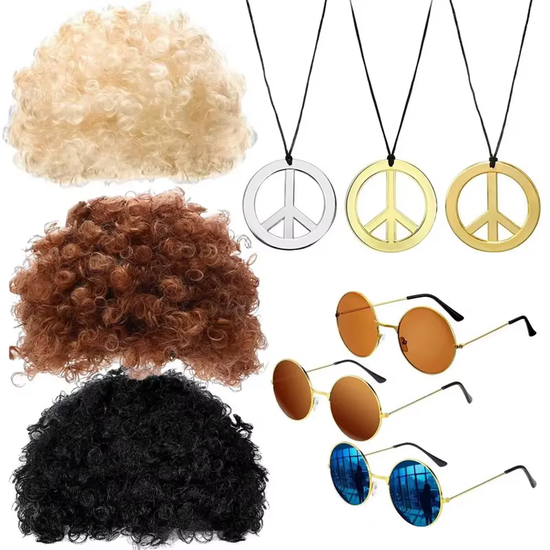 Ensemble de olympiques amusants Hiphelicopter pour hommes, perruque Afro funky, collier de lunettes de soleil, fête à thème des années 50, 60, 70, style des années 80, accessoires de vêtements de fête
