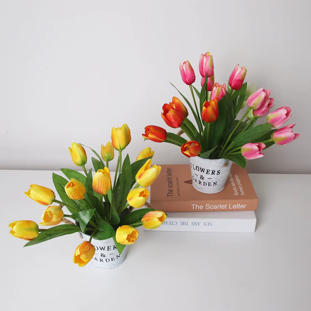 5 tulipe Simulation Bouquet Style Pastoral En Soie Tissu Faux Fleurs De Mariage Décoration Plante Verte En Pot Accessoires