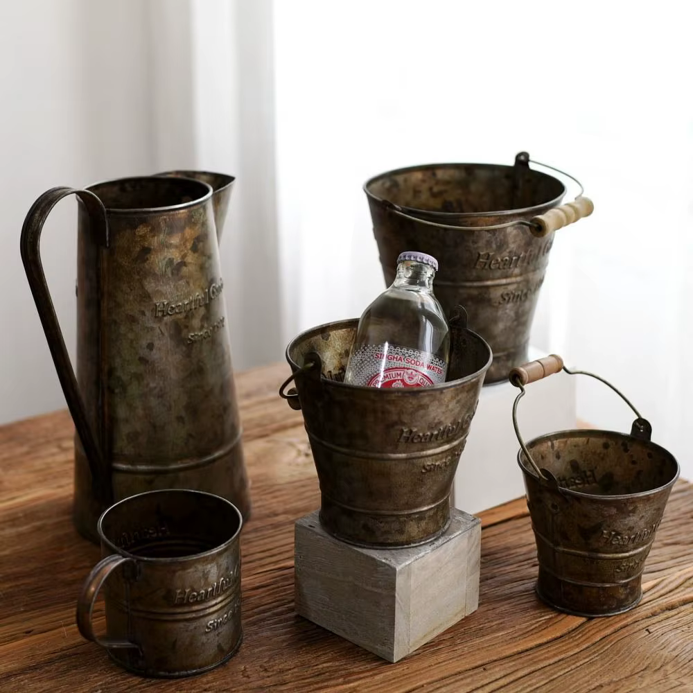Vase à poignée rétro, verres, seau à fleurs en fer forgé, impression anglaise Vintage, décoration de maison, accessoires de photographie gastronomique