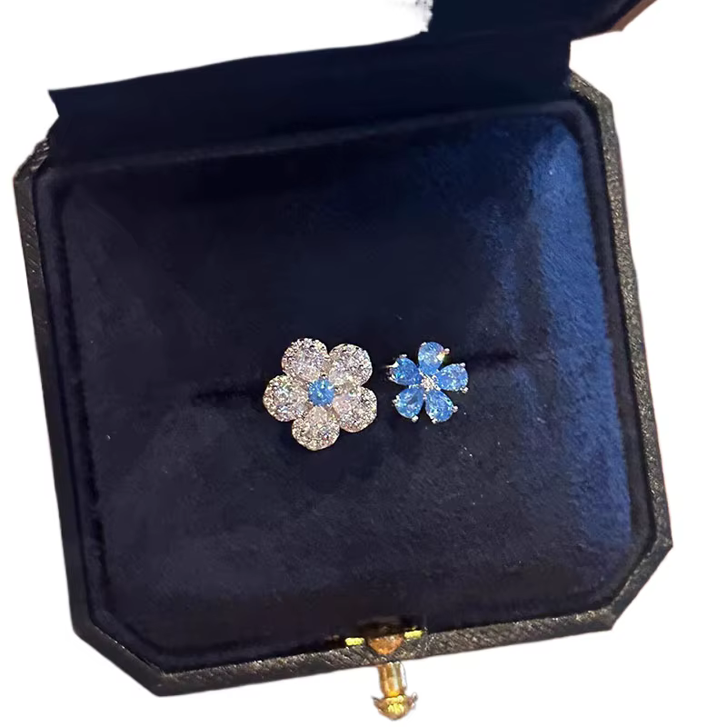 Bague en diamant bleu scintillant pour femmes, Double fleur, à la mode, deux tons, bagues fraîches exquises, bijoux de fête, cadeau