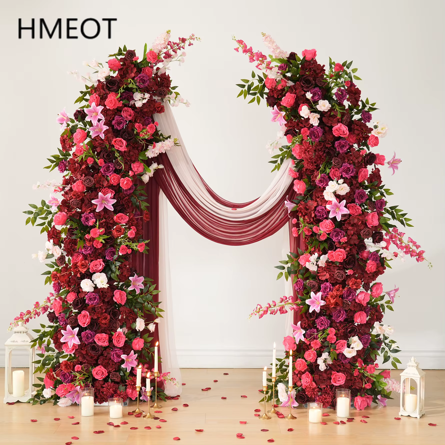 HMEOT H9047 Hydrangeas bordeaux Rose feuille verte Arrangement Floral corne arc décoration idées pour mariage passerelle allée boules de fleurs