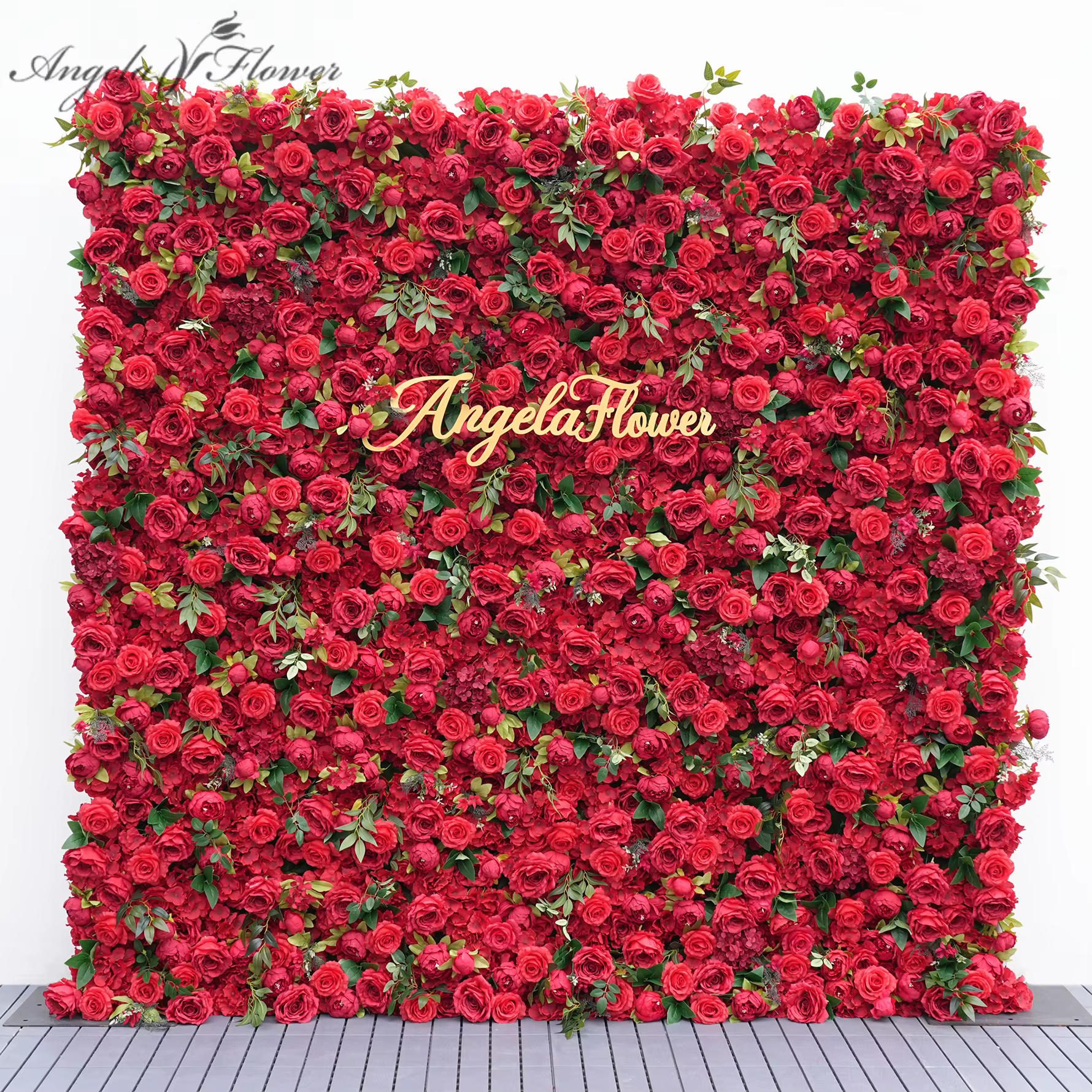 A8937 Rose rouge pivoine feuilles vertes 5D enroulable tissu Base fleur décoration murale mariage toile de fond Arrangement Floral fournitures de Banquet