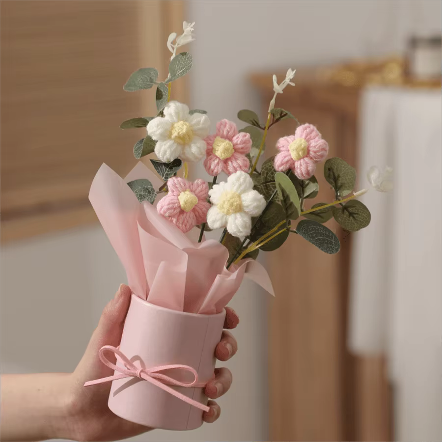 Bouquet de fleurs artificielles en laine bouffante