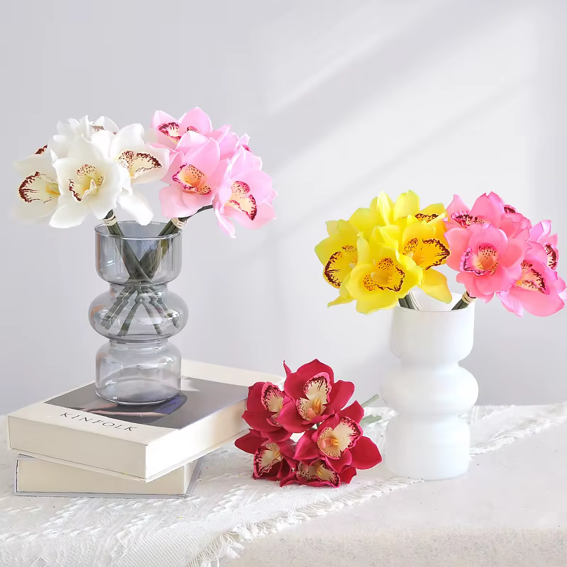 YO CHO Bouquet de fleurs d'orchidées artificielles 6 têtes en Latex Real Touch Cymbidium Flower DIY