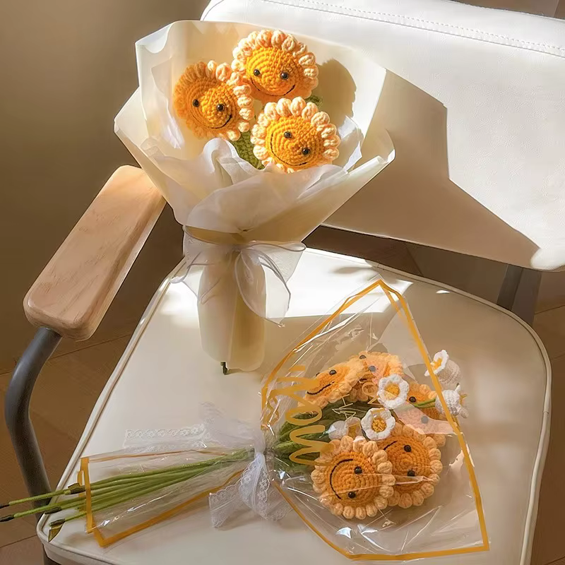 Bouquet de tournesol au crochet en laine fait à la main – 1 branche unique avec visage souriant