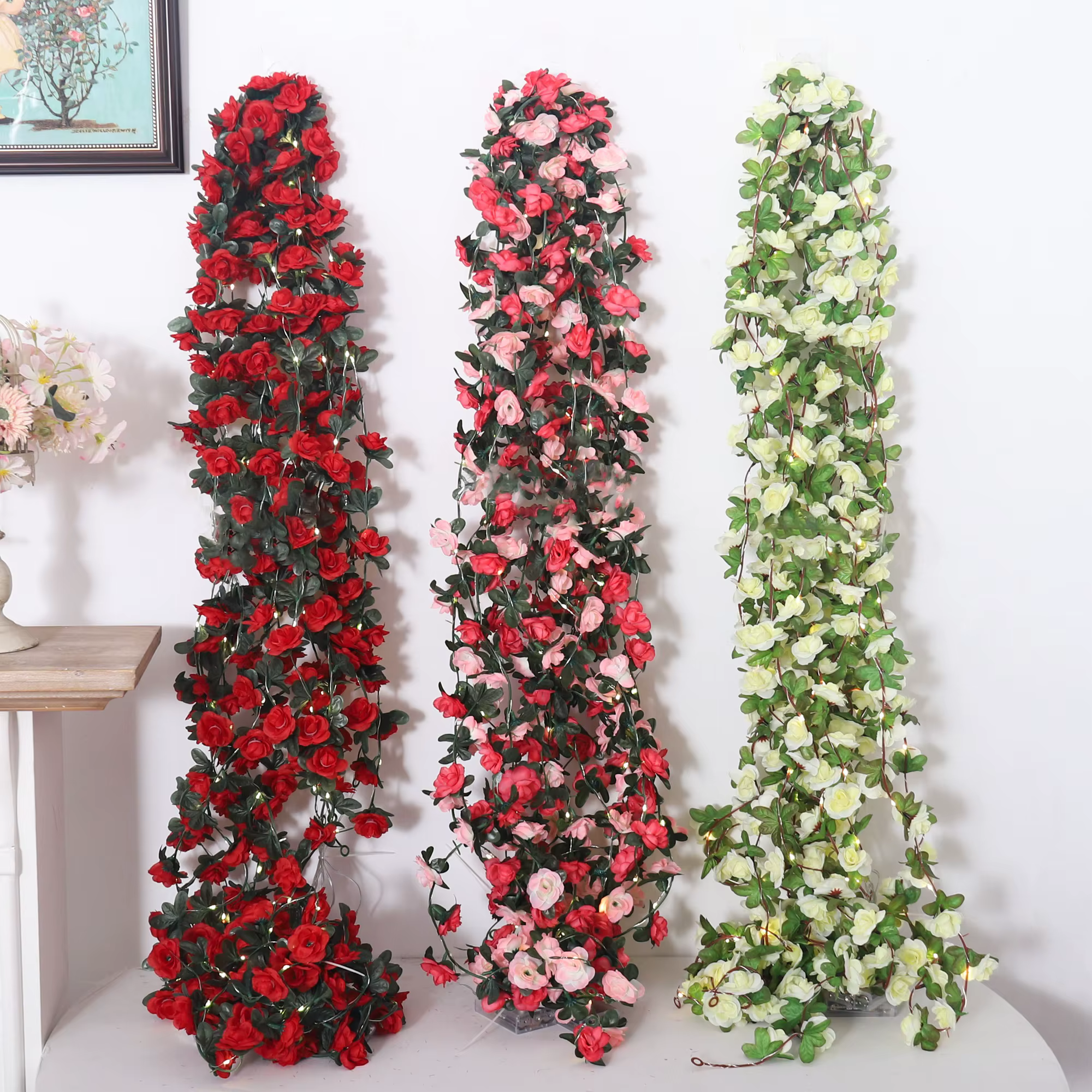 Rose LED lumières chaîne fleurs artificielles feuilles de lierre guirlande de mariage maison chambre décoration arc suspendu mur jardin fête décor