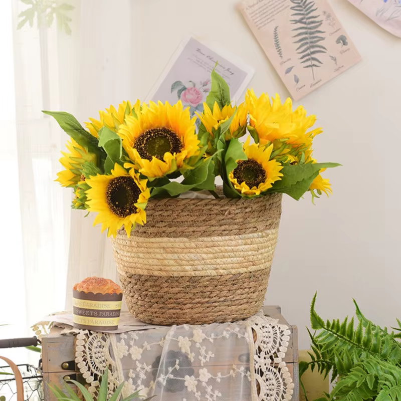 Pot de plantes à fleurs tissées en paille