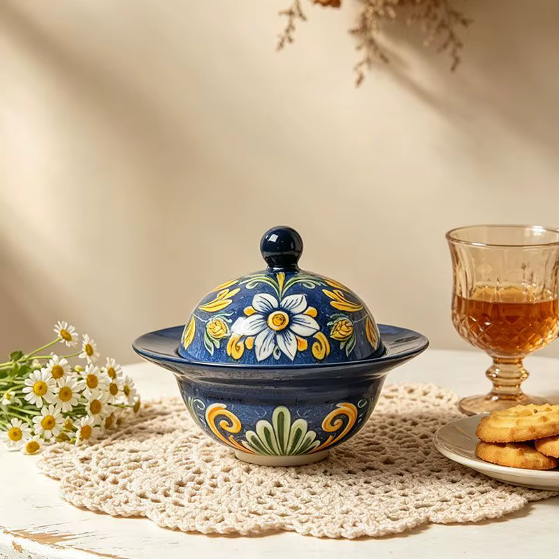 Bol en céramique créatif avec couvercle, style rétro européen, résistant aux hautes températures, couleur sous-glaçure, vaisselle pour dessert et pot à ragoût