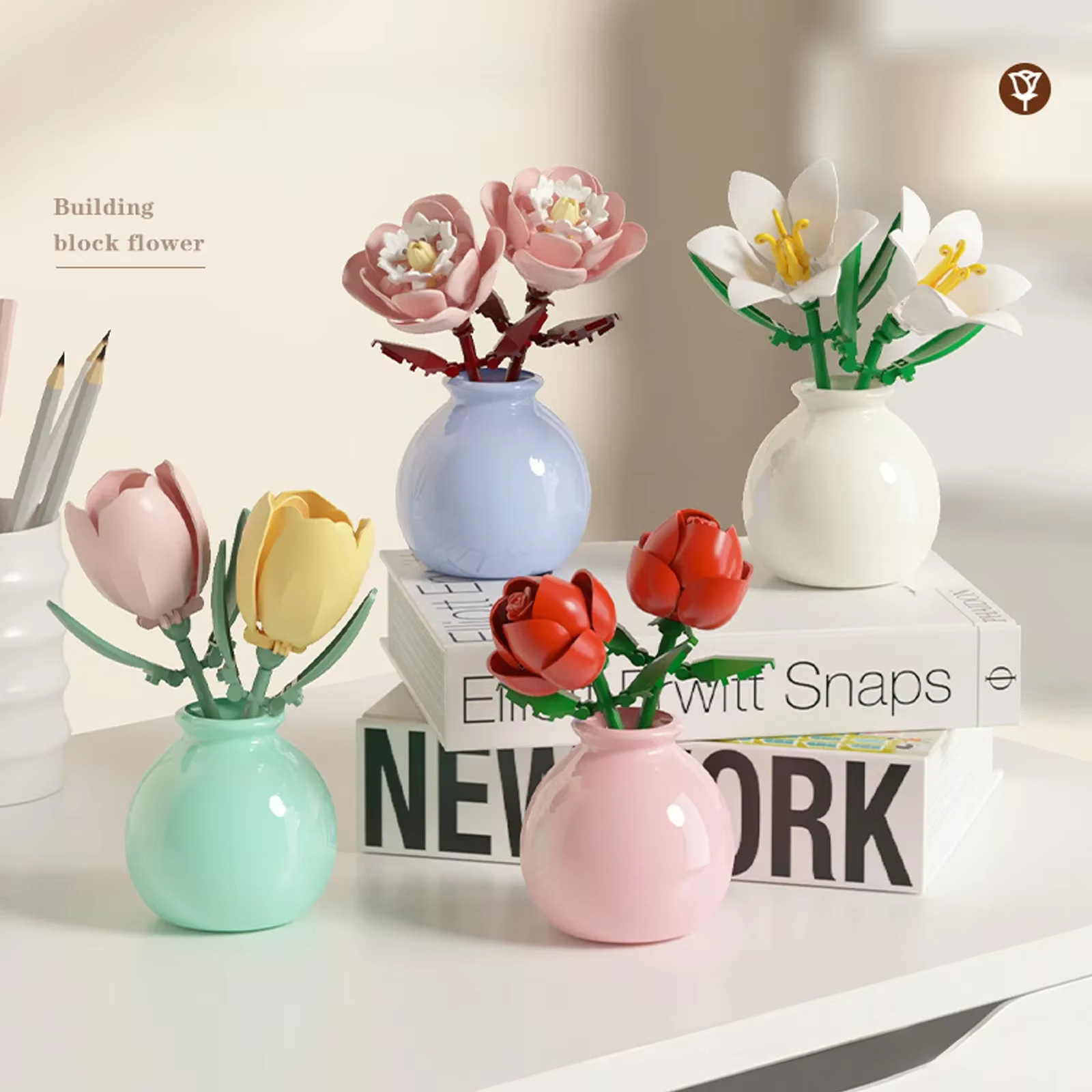 Mini Rose tulipe tournesol pivoine fleur avec Vase modèle Micro blocs de construction bricolage maison bureau plante décor brique filles cadeau enfant jouets