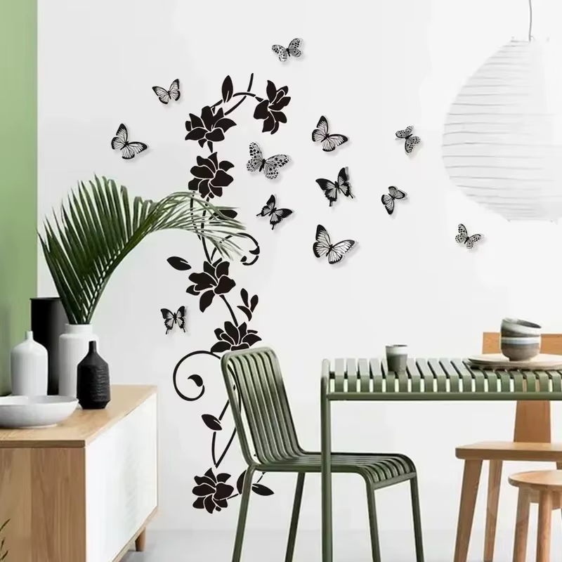 Autocollant mural 3D papillon et fleurs noires