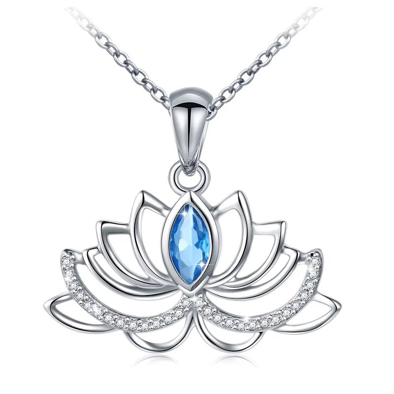 Huitan – collier avec pendentif en forme de fleur de Lotus pour femme, couleur argent incrusté de bleu CZ, tendance, accessoires quotidiens pour fête de mariage, bijoux cadeau