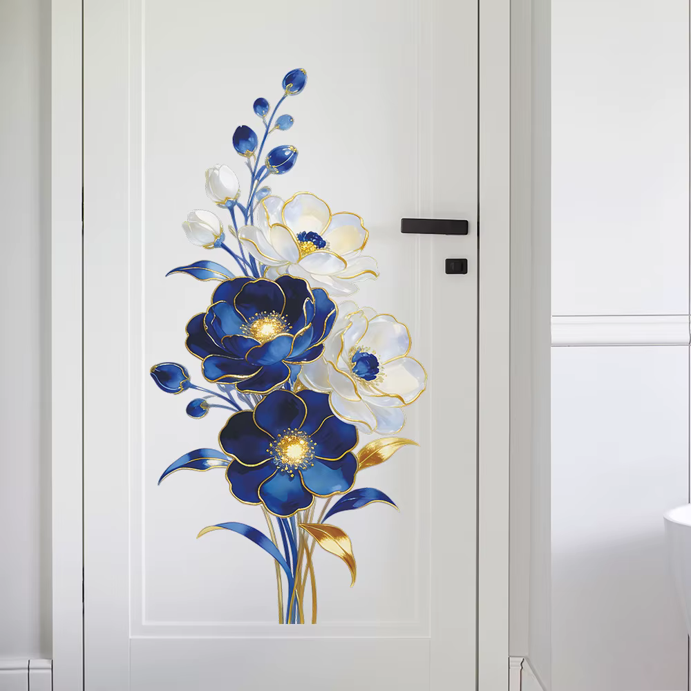 Autocollants muraux décoratifs floraux bleus en relief de style français pour la décoration de la maison