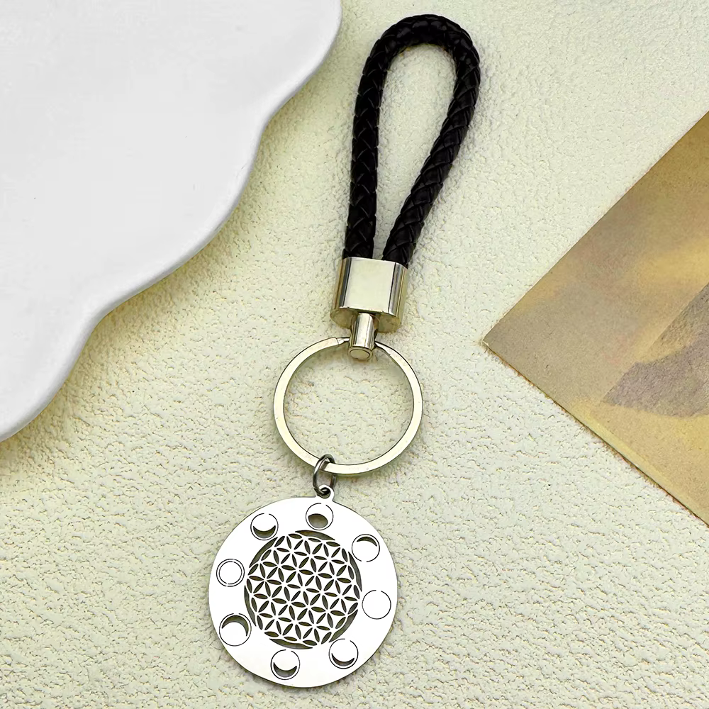Porte-clés à géométrie sacrée fleur de vie pour femmes et hommes, en acier inoxydable, couleur argent, Phase de lune, bijoux cadeaux