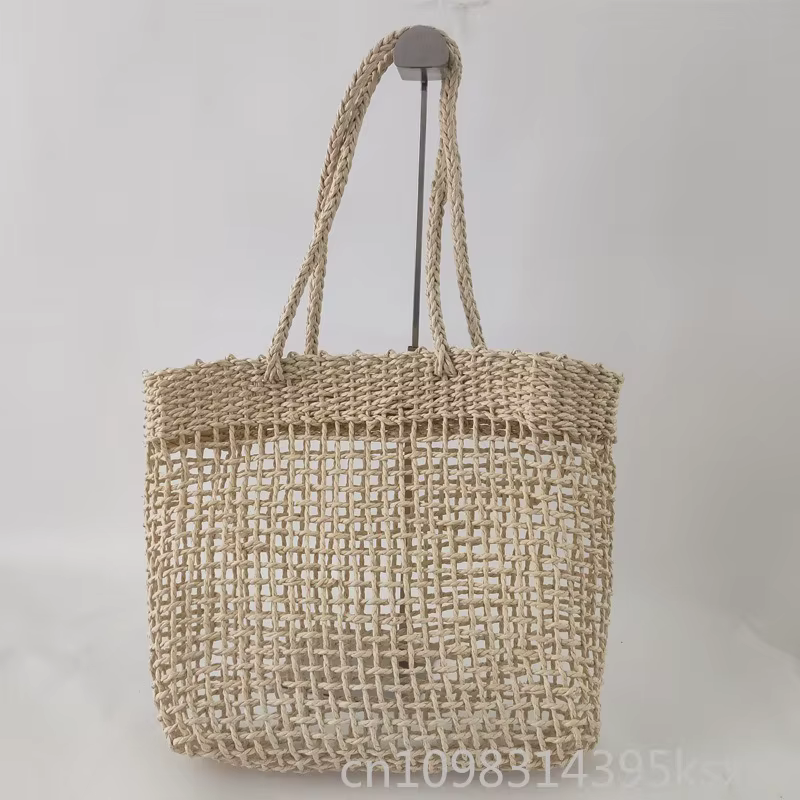 Sac à bandoulière pour femme, sac de plage spacieux en raphia tressé, maille ajourée, style vintage bohème minimaliste pour les vacances