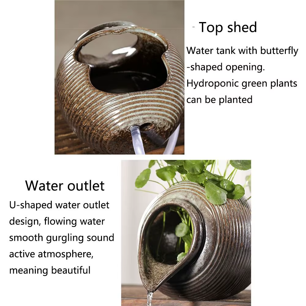 Pot de fleurs en céramique décoratif à ouverture supérieure avec circulation d'eau