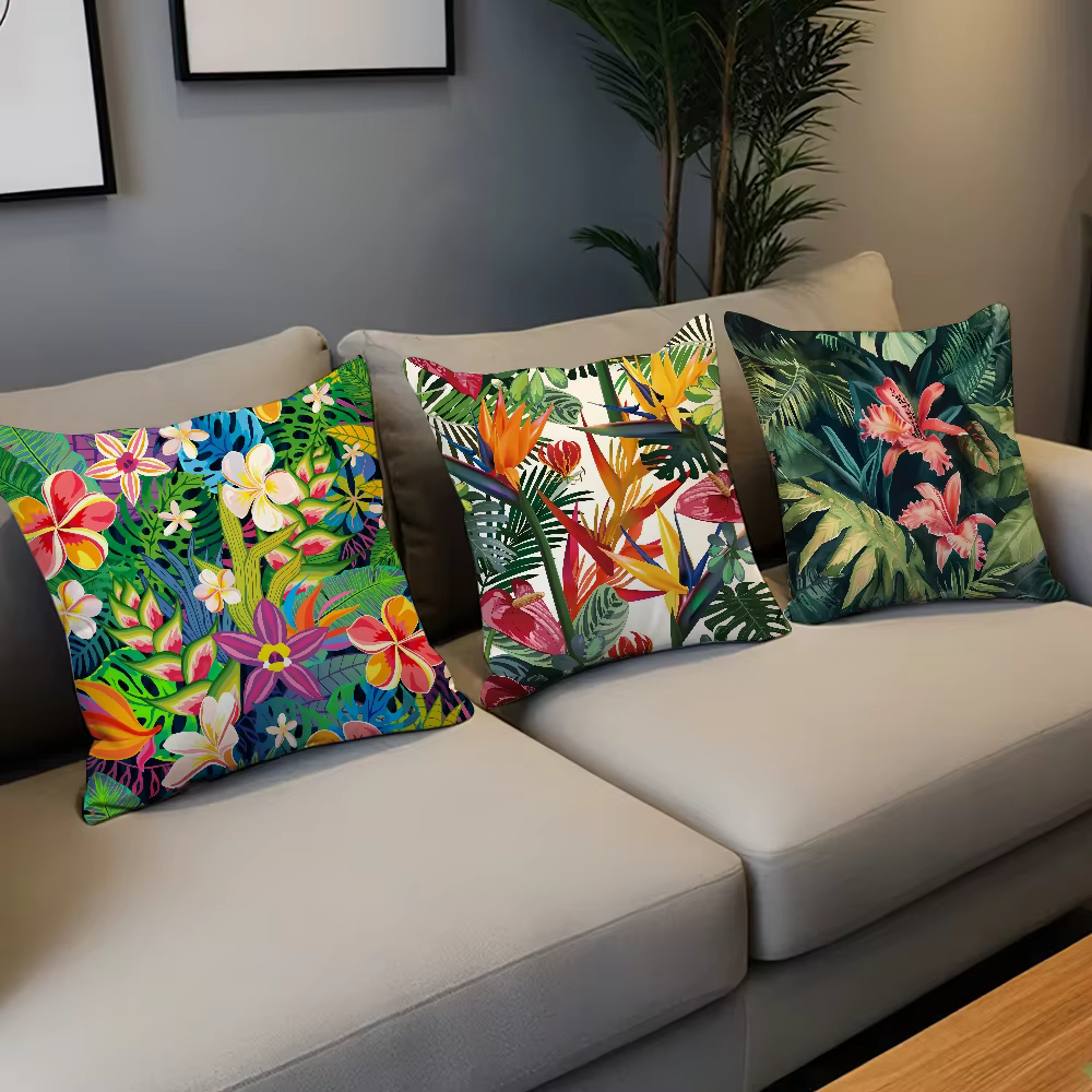 Housse de coussin confortable et douce à motifs floraux tropicaux pour canapé