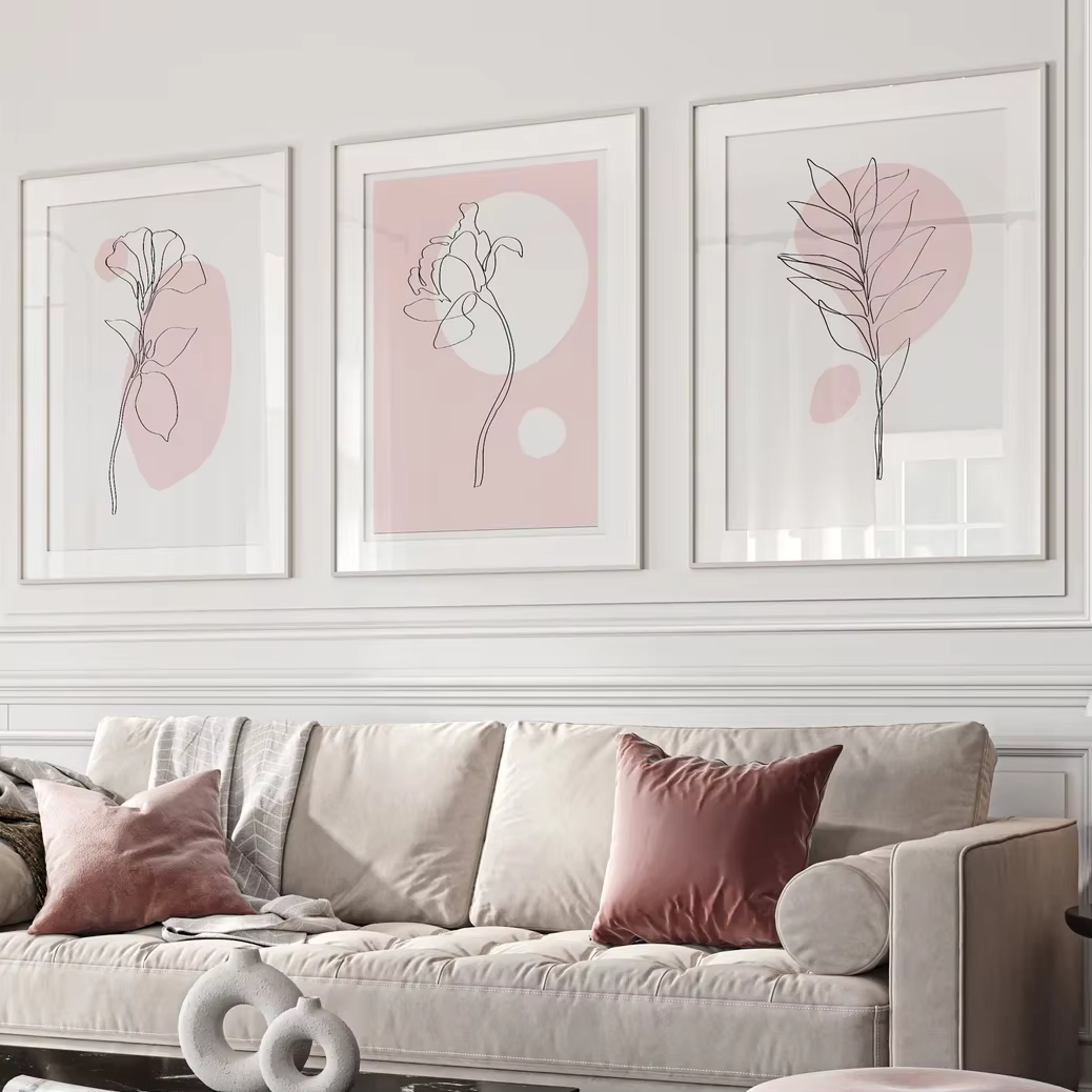 Lot de 3 tableaux muraux botaniques roses – Décoration murale botanique – Affiche d'art linéaire botanique – Décoration intérieure rose – Peinture sur toile pour la décoration de chambre