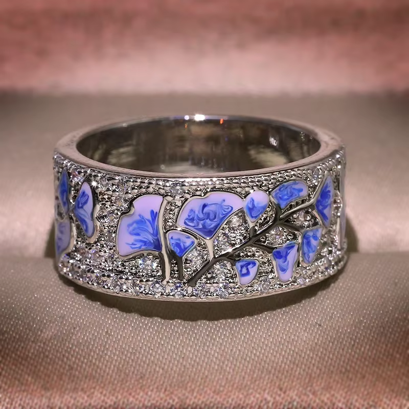 Bague Fleur en Argent pour Femme, Bague Fleur Bleue, Argent Sterling, Document de ix, Promesse de Mode, Bijoux de Mariage, Émail ocaMADE