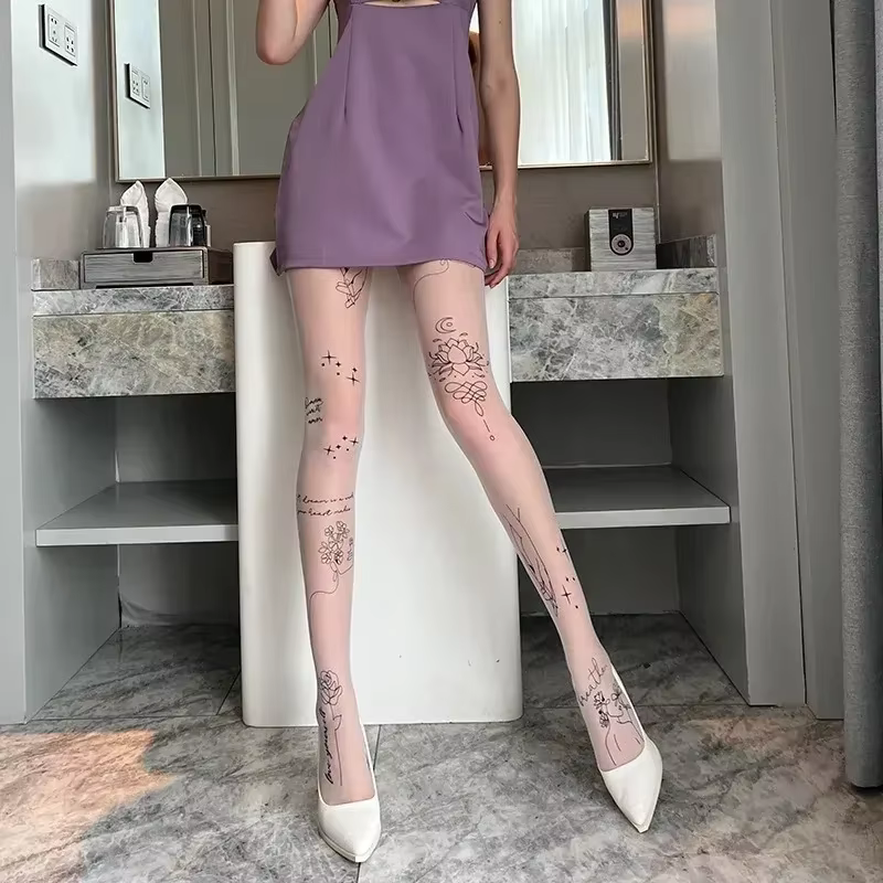 Collants Sexy pour femmes, avec tatouages à motifs, Inscriptions de fleurs, lettres, bas noirs fins et longs pour dames