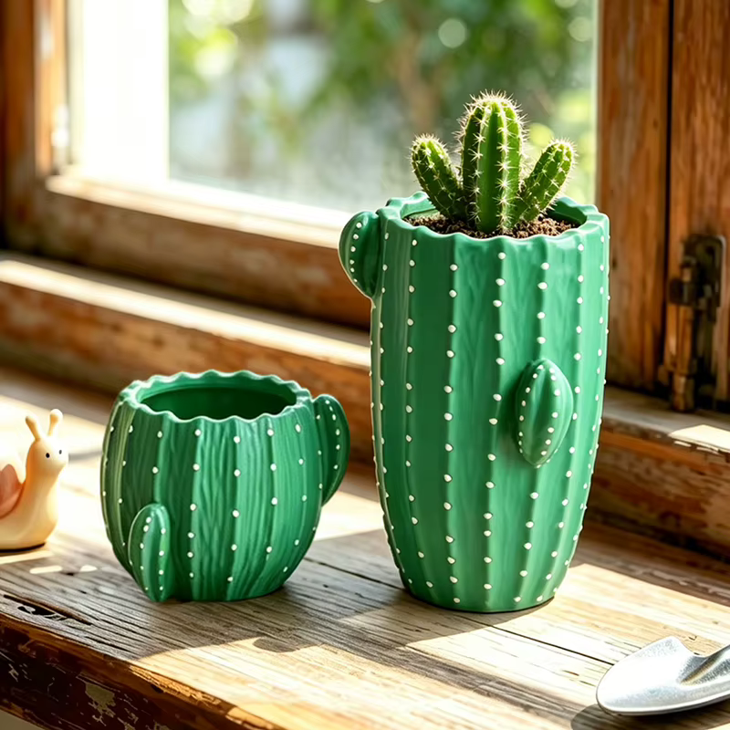 Petit pot de fleurs en résine en forme de cactus vert de dessin animé pour plantes succulentes