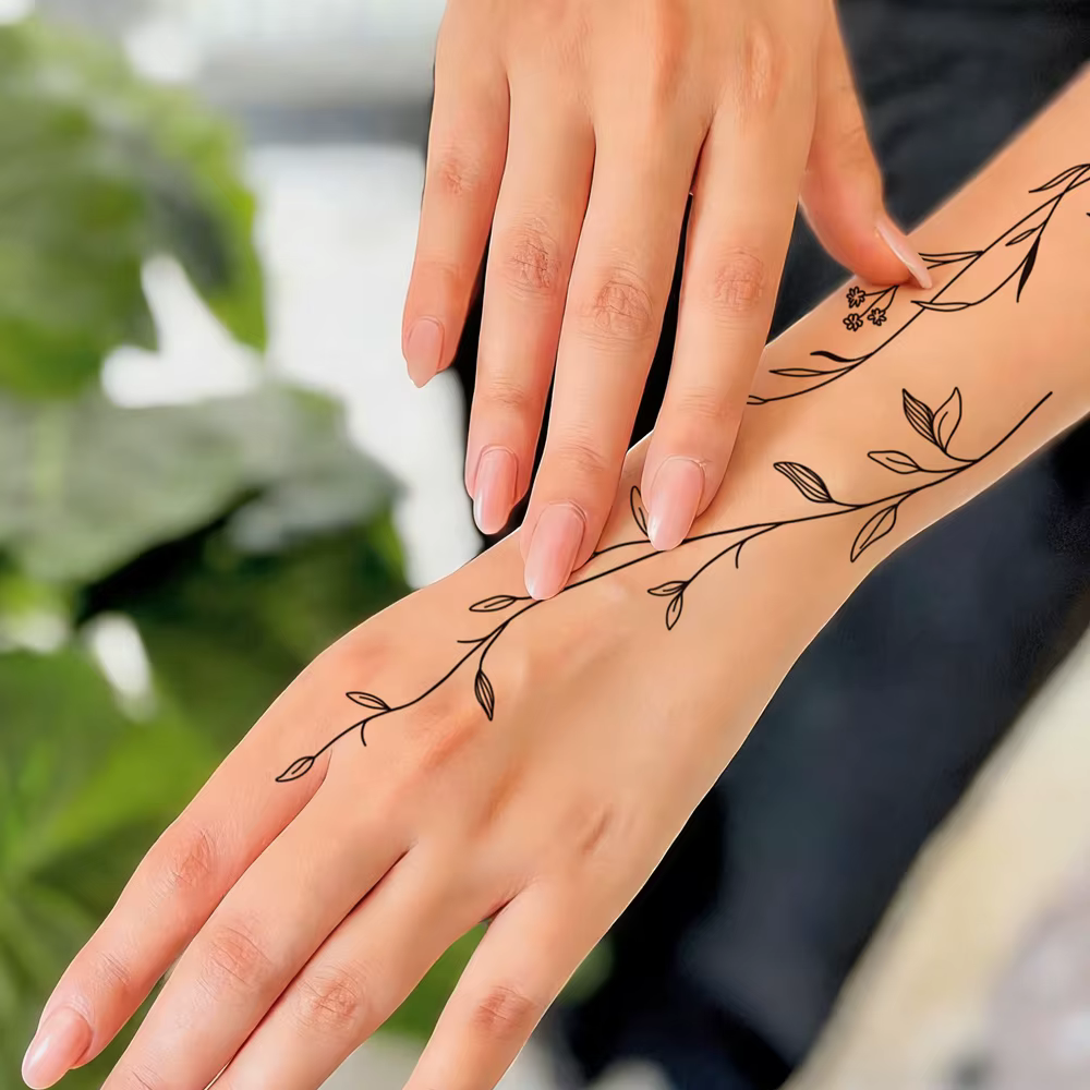 1 autocollant de tatouage temporaire noir motif fleur, plantes et fleurs, pour femmes, art corporel, imperméable, faux tatouage main