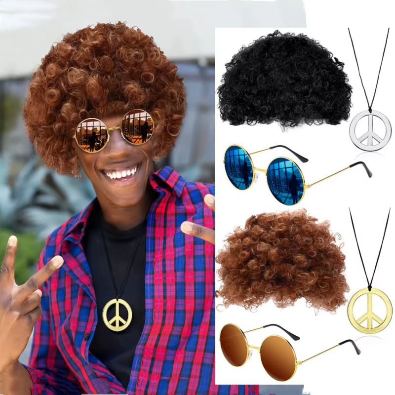 Ensemble de olympiques amusants Hiphelicopter pour hommes, perruque Afro funky, collier de lunettes de soleil, fête à thème des années 50, 60, 70, style des années 80, accessoires de vêtements de fête