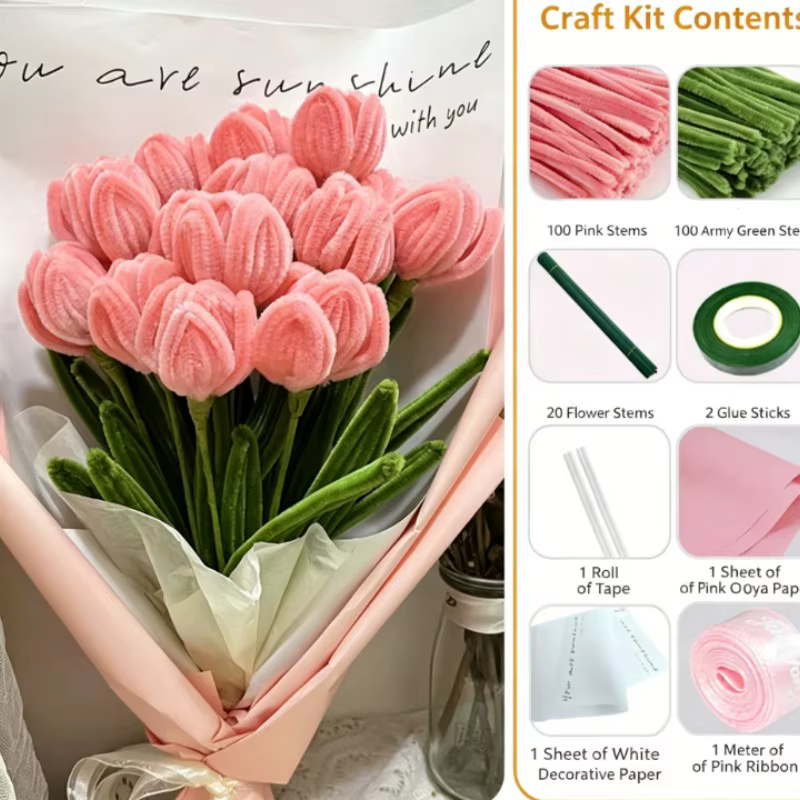 Kit de Matériaux DIY pour Bouquet de Fleurs en Chenille Douce et Moelleuse