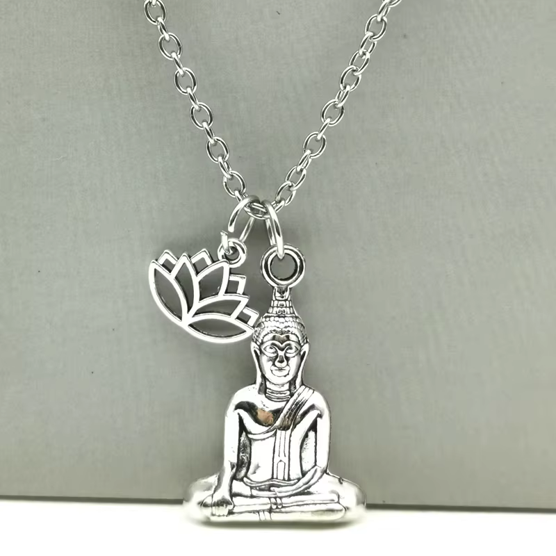 Collier Bouddha, collier fleur de Lotus, couleur argent, pendentif spirituel, cadeau pour ami, hommes femmes, mode llaveros