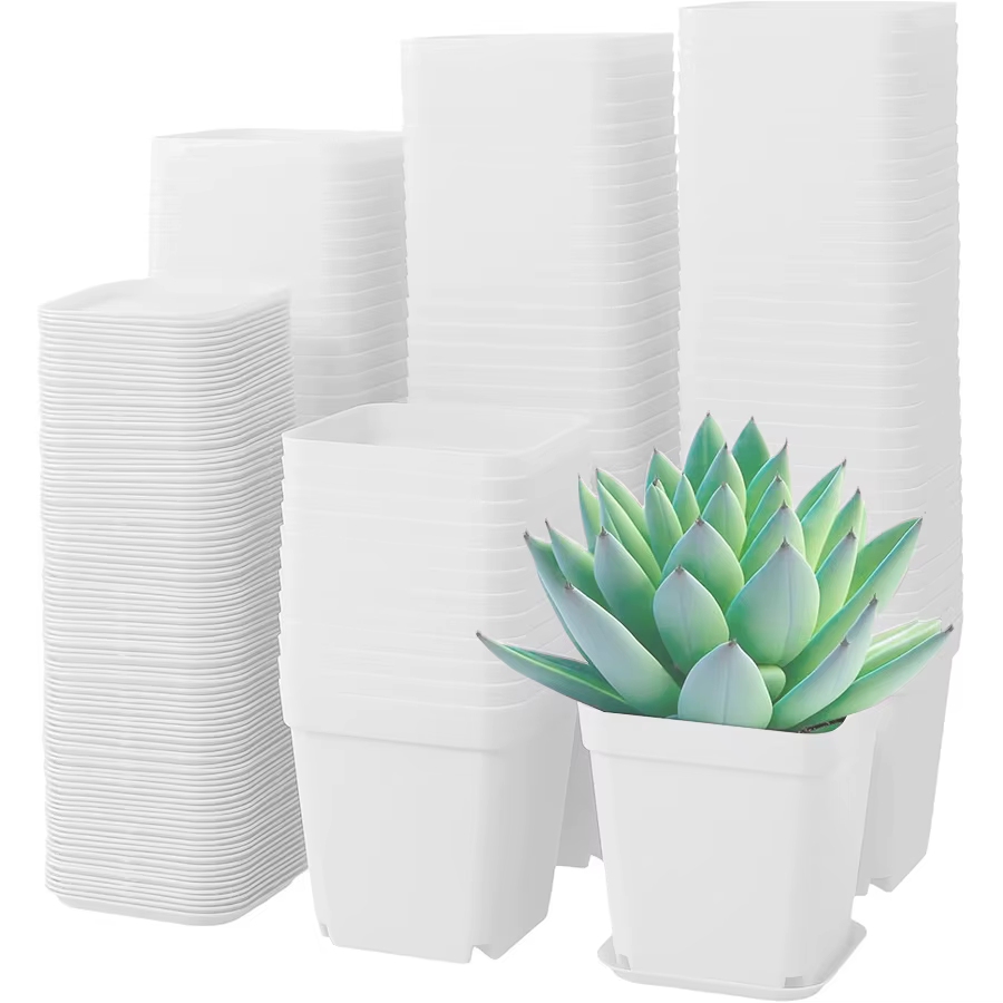 10 pots de plantes carrés en plastique blanc de 7 cm avec plateaux de drainage - Idéal