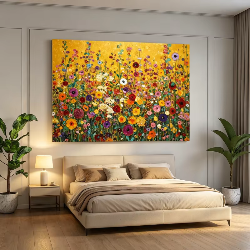 Peinture sur toile de fleurs abstraites, art mural floral vibrant, Gustav Klimt, fleurs sauvages colorées, affiche imprimée pour salon et bureau