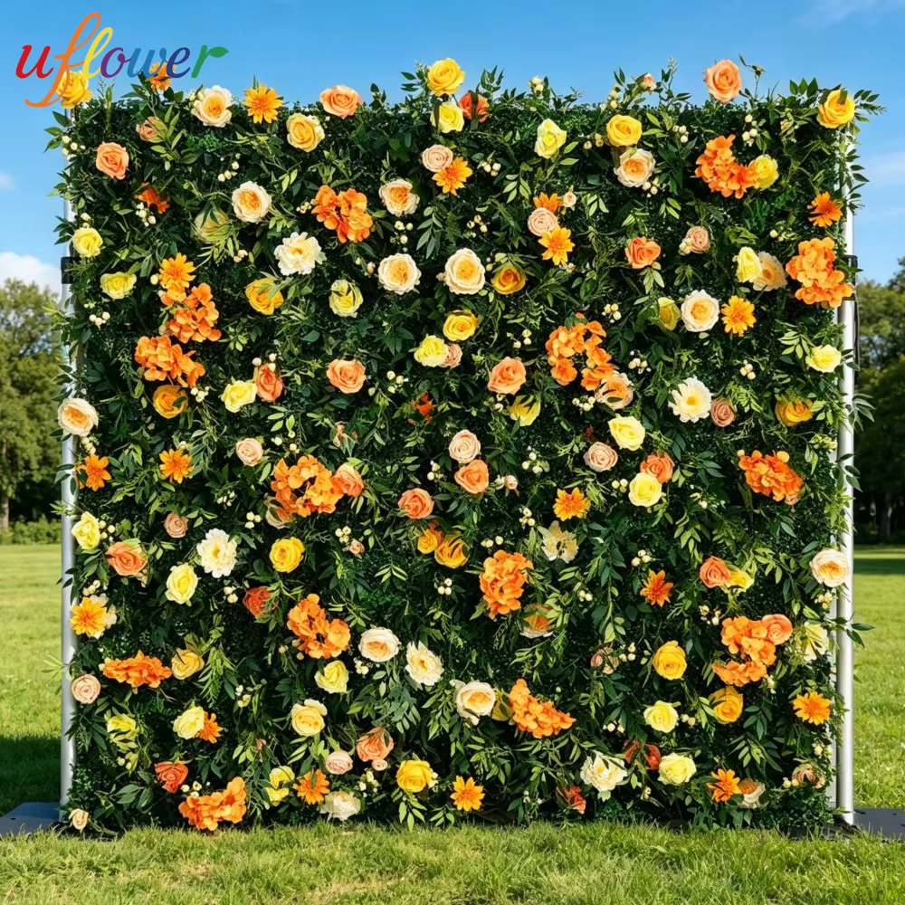 Mur de fleurs artificielles 5D en tissu avec roses orange et feuilles vertes pour décoration de mariage