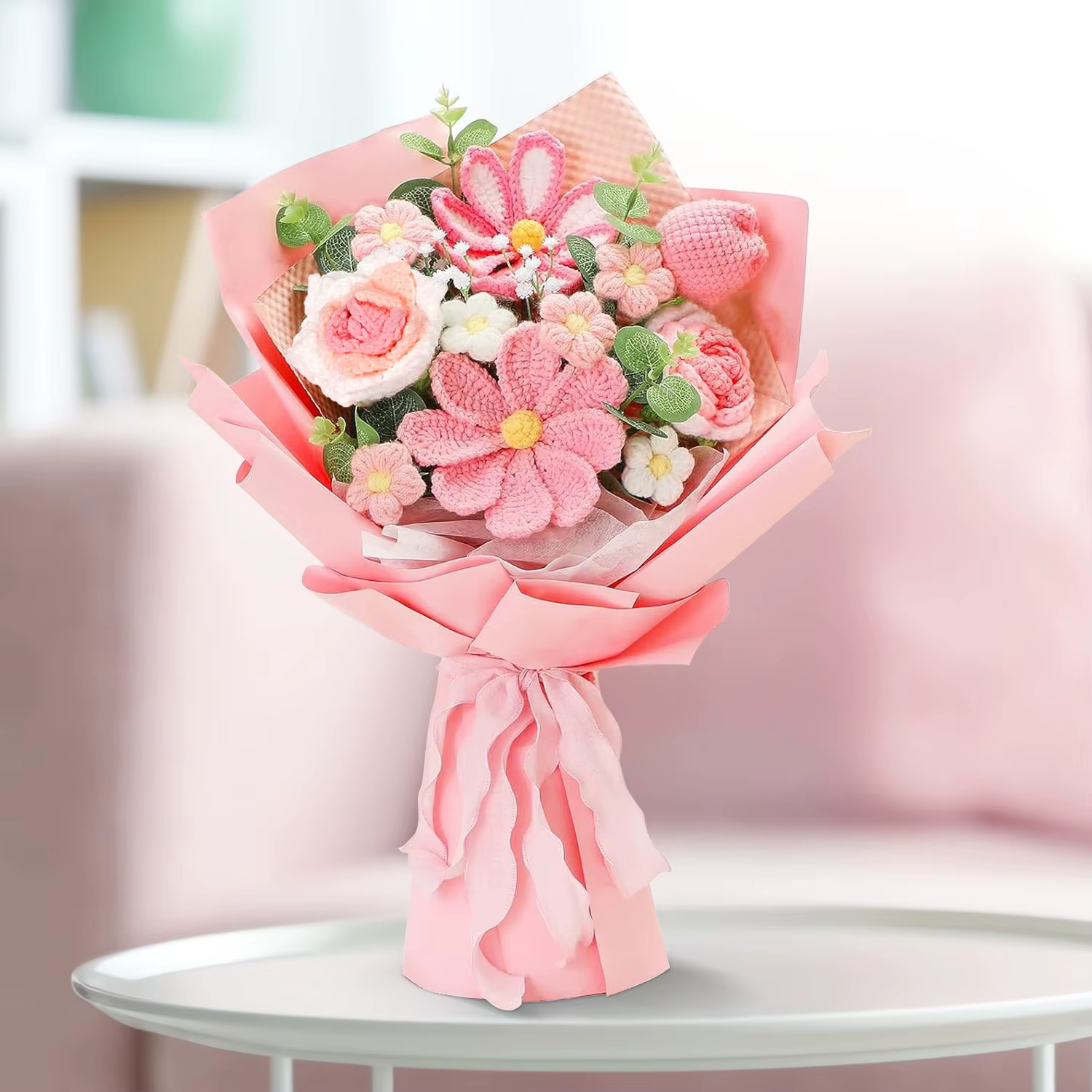 Bouquet de fleurs roses au crochet fait à la main