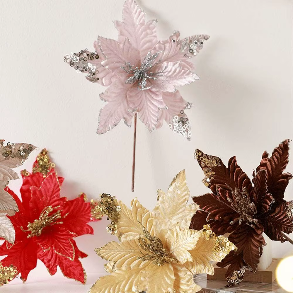 25 cm noël Poinsettia paillettes fleur grand flocage artificiel