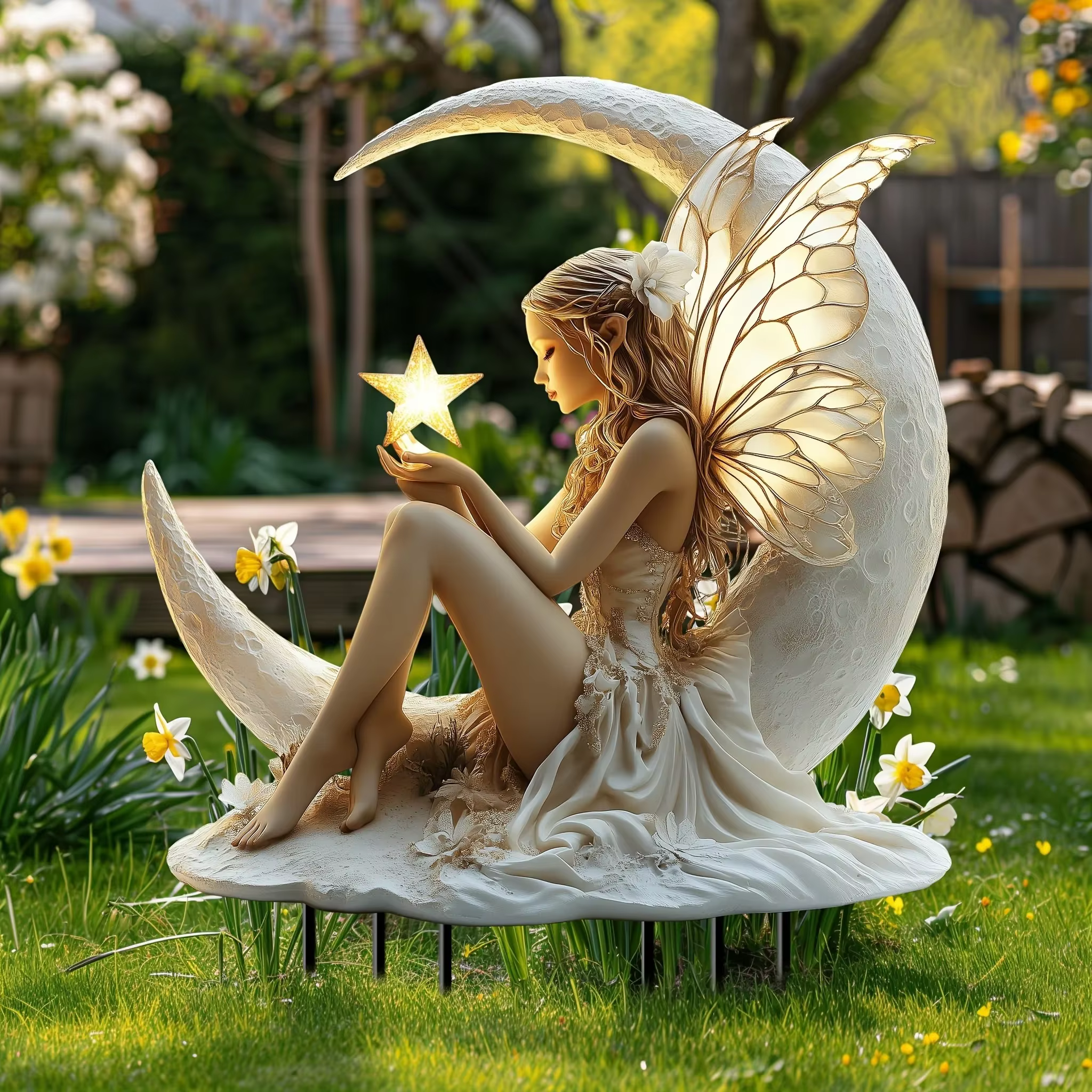 Décoration de jardin féerique de lune en bois