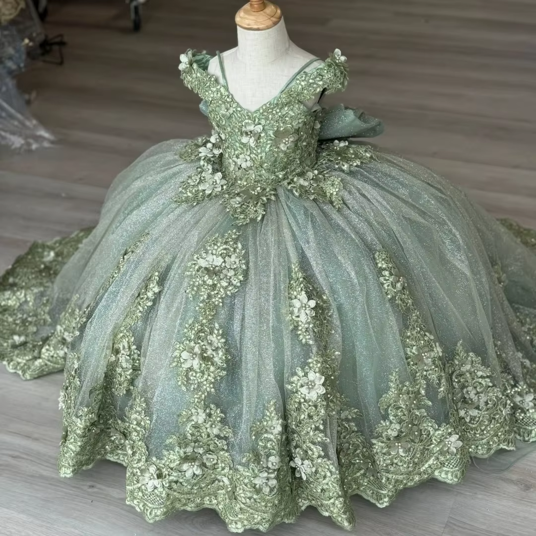 Robes de demoiselle d'honneur vertes pour mariage, avec des Appliques en dentelle, longueur au sol, robes de fête d'anniversaire pour filles, robes de première Communion personnalisées