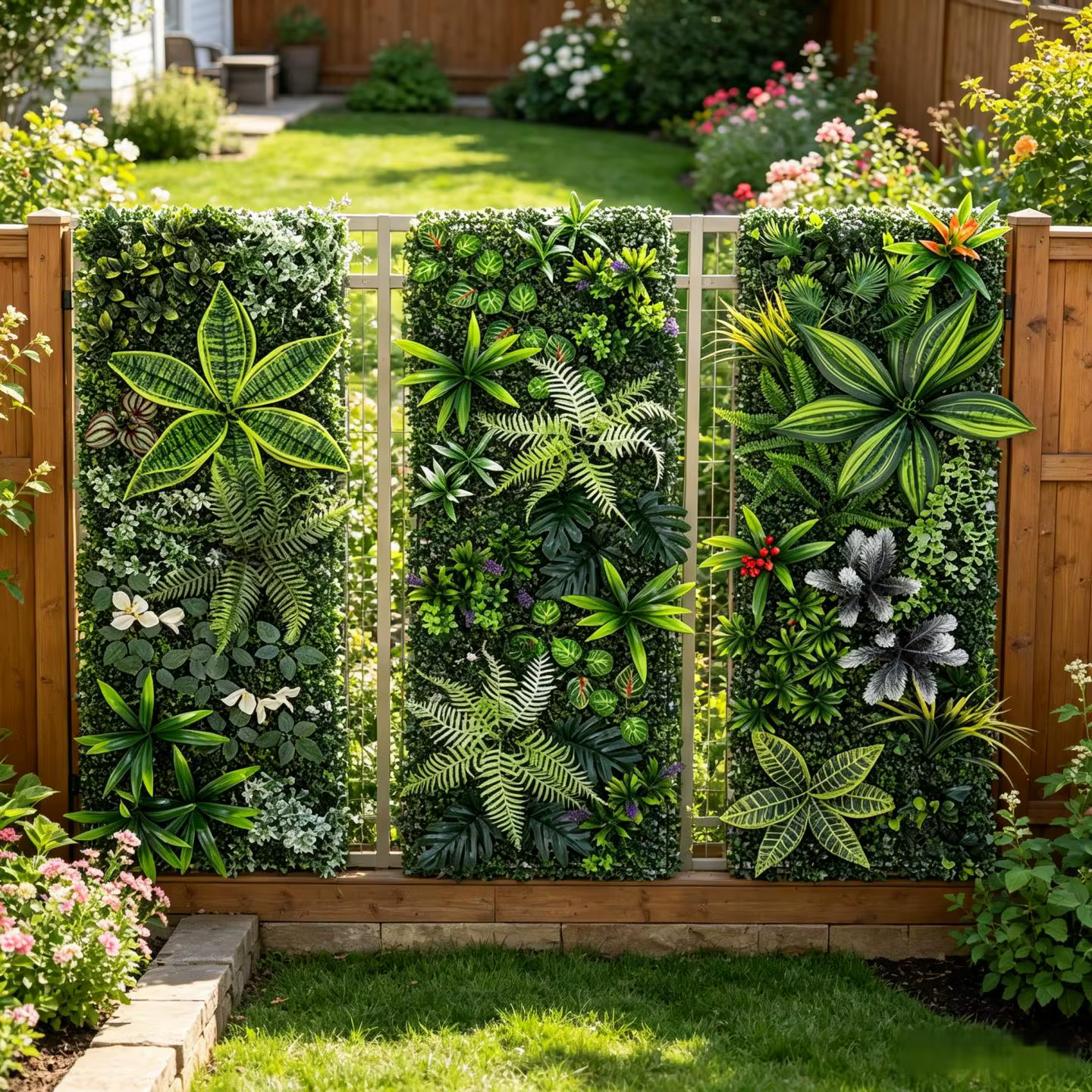 Panneau mural végétal artificiel 40x120cm avec herbe et fleurs