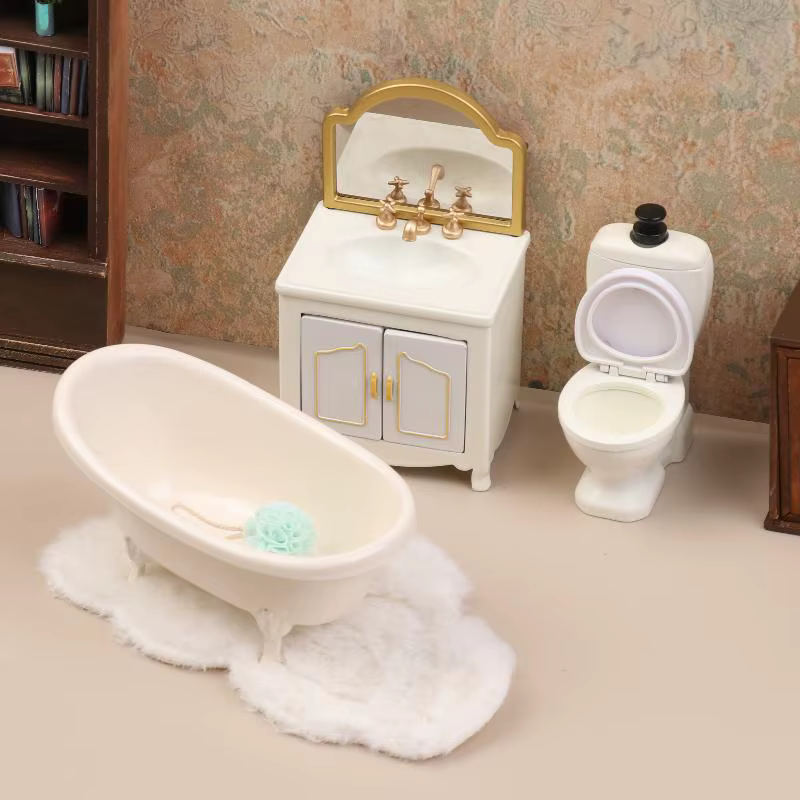 Modèle de meubles de salle de bain pour maison de poupée 1/12 : baignoire, toilettes, lavabo, armoire - Accessoires de décoration pour maison de poupée