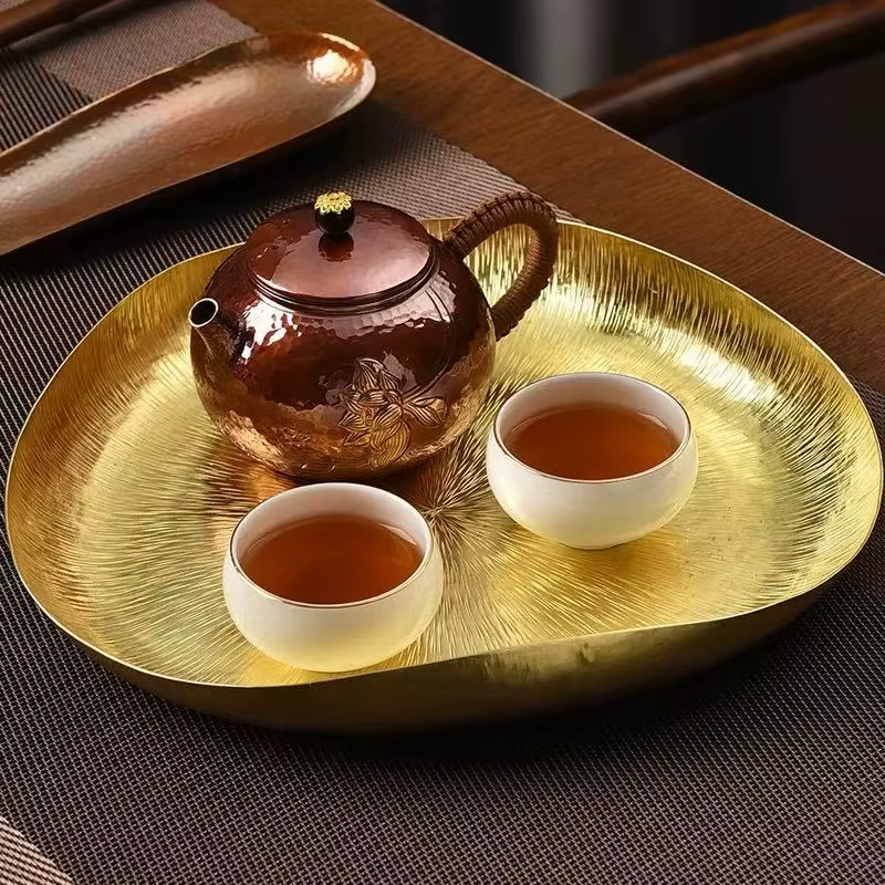 Plateau de tasse à café en laiton en forme de Texture de fleur de feuille de Lotus, soucoupe de tasse à thé rétro assiette de nourriture de fromage à la maison, décoration de Table de disque de collat