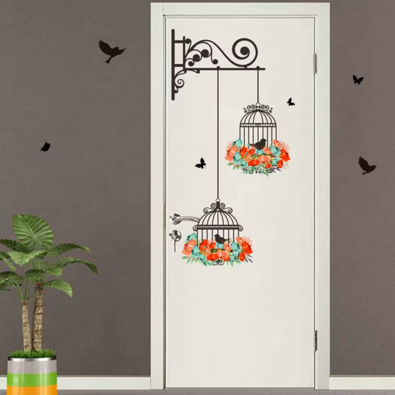 Autocollant Mural Coloré avec Cage à Oiseaux Volants