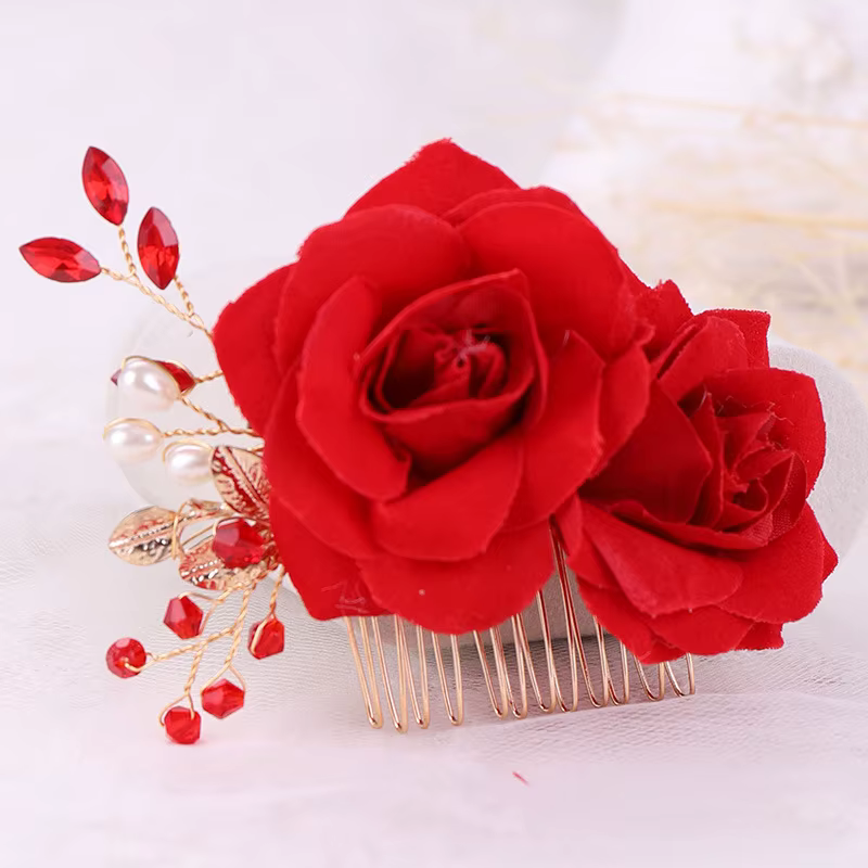 Peignes à cheveux à fleurs de Rose rouge pour femmes, bijoux de cheveux faits à la main, diadème en perles de strass rouges pour mariage, accessoires pour cheveux de mariée