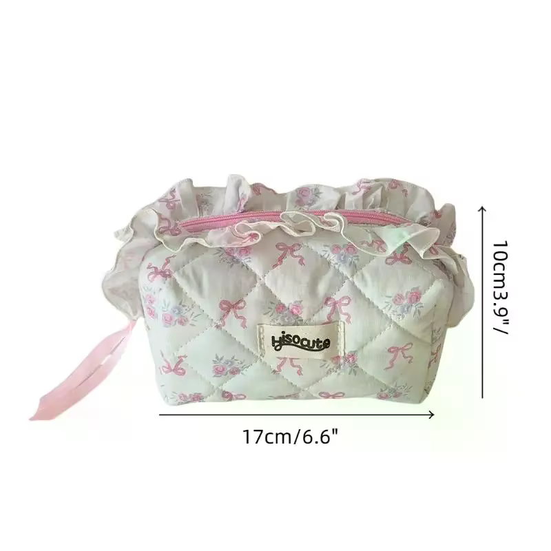 Sac de maquillage en coton matelassé avec nœud et fleur, trousse de toilette portable pour femmes et filles, organisateur de cosmétiques à fermeture éclair, sac à main en tissu