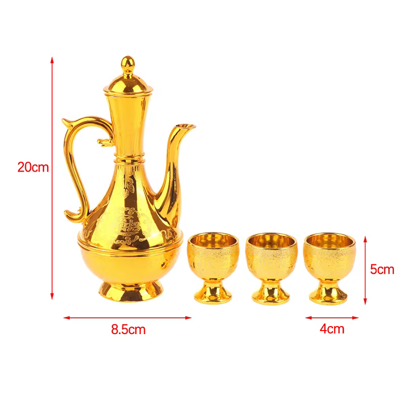 Ensemble de verres à vin vintage, bouilloire à vin, cafetière, carafe, théière exquise, théière dorée, tasse d'offre de temple classique domestique, 1 ensemble