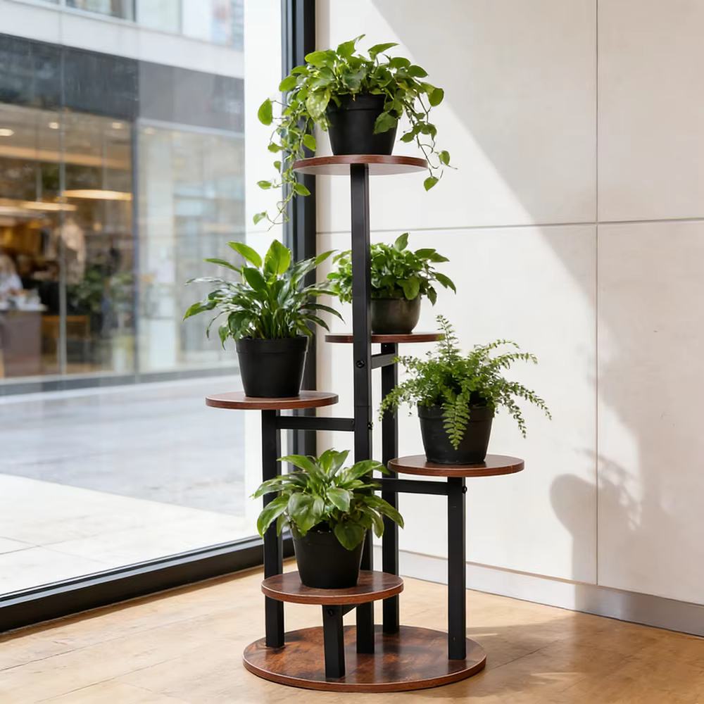 Support à plantes rustique à 5 niveaux en bois et métal - Étagère à fleurs multi-niveaux pour intérieur