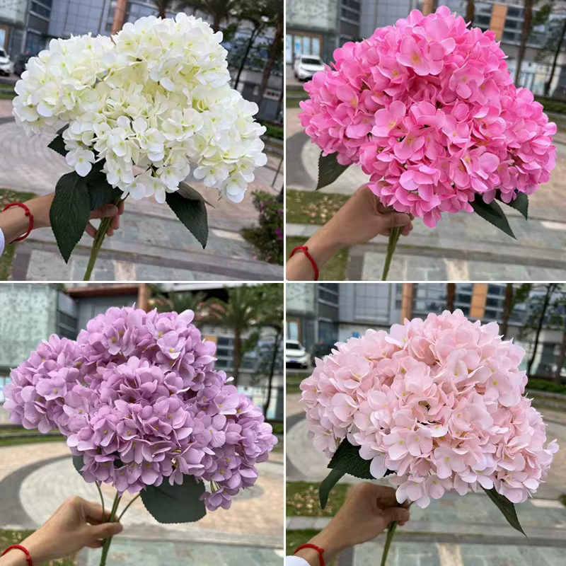 Grande taille 5 têtes blanc rouge hortensia fleurs artificielles soie bricolage mariage mariée Bouquet fausses